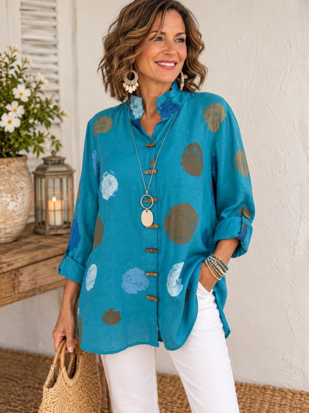 Ali Miles Linen Blend Tunic Top L Blue Abstract Dot Wire Collar Pockets NWOT